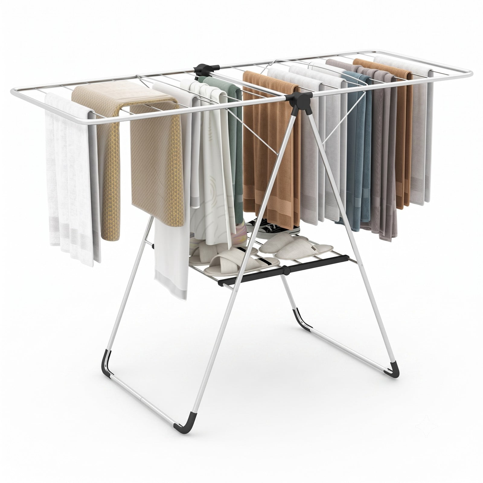 Fenbeli 2-Tier Laundry Drying Rack, Foldable Clothes Drying Rack with Rust-Proof Aluminum Frame, Space-Saving Collapsible Garment Air Dryer Stand for Balcony, Silver