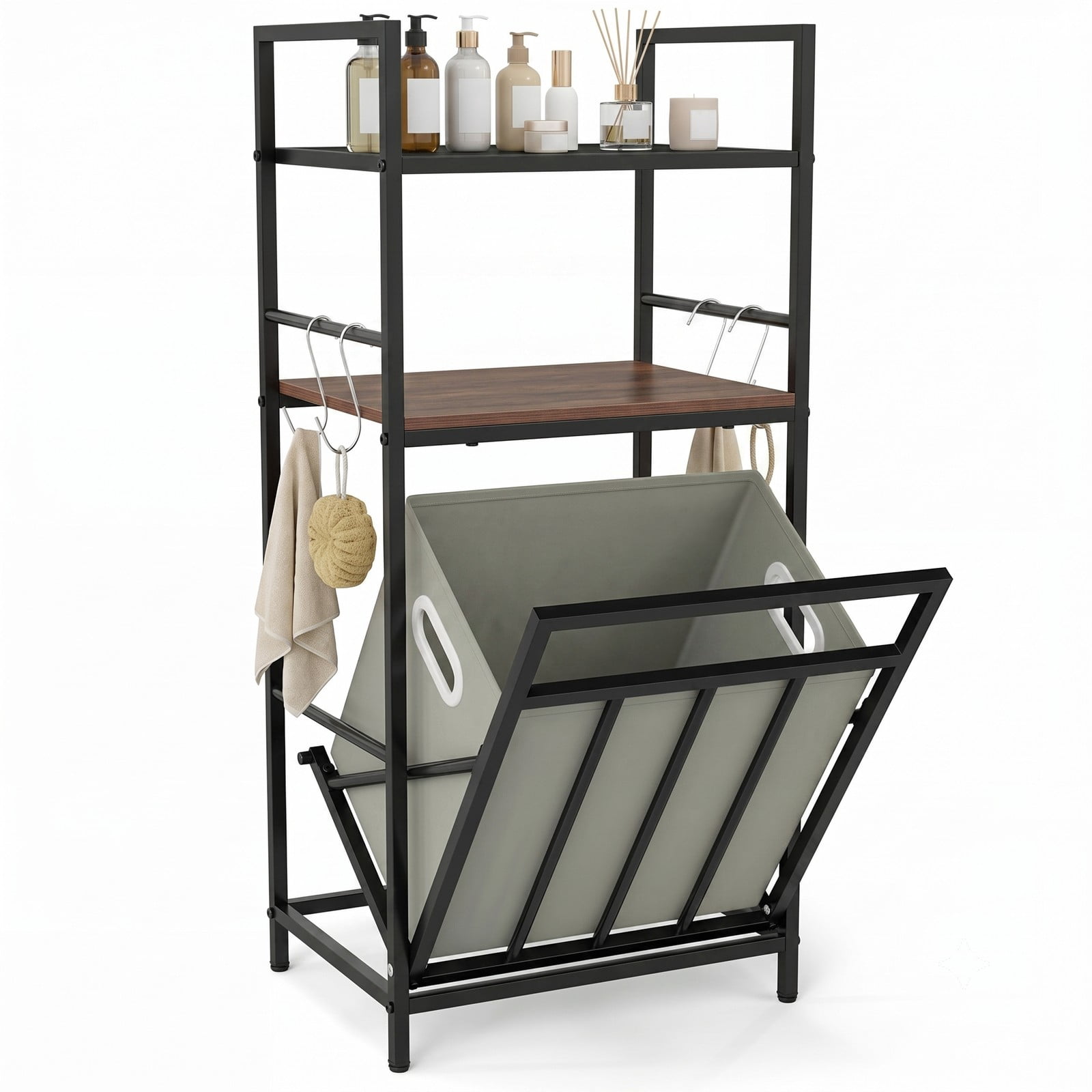 Fenbeli 2-Tier Laundry Hamper with Tilt-out Basket, Metal Wood Laundry Sorter with 9.5-Gallon Removable Bag and 4 S-Hooks, Free-Standing Clothes, Black Rustic Brown
