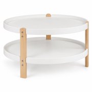 Fenbeli 2-Tier Round Coffee Table with Open Storage Shelf and Solid Beech Wood Legs for Living Room, White