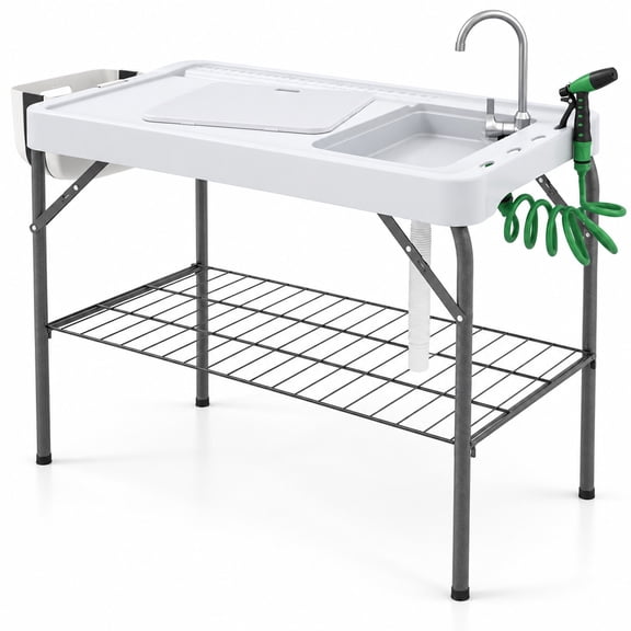 Fenbeli 2 in 1 Folding Fish Cleaning Table with Sink and Faucet for Patio BBQ, 330 lbs Capacity, HDPE Metal Stainless Steel Frame, White+Black