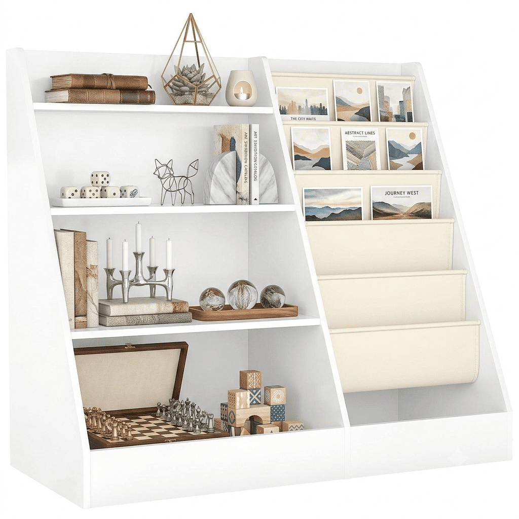 Fenbeli 2-in-1 Kids Bookshelf and Toy Storage, 4-Tier Wooden Organizer with 5 Fabric Sling Pockets and Anti-Tip Strap, White Bookcase for Bedroom Nursery and Playroom