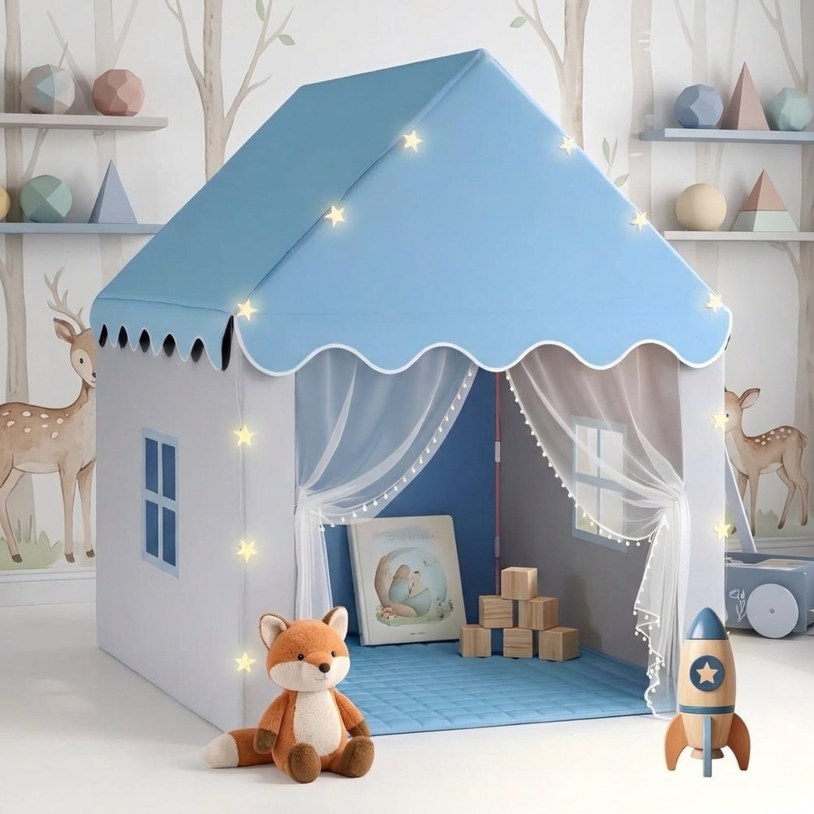 Fenbeli 2-in-1 Kids Play Tent with Padded Mat and Star Lights, Indoor Outdoor Playhouse with Windows, Blue and Gray