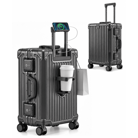 Fenbeli 20 Inch Carry On Luggage with Spinner Wheels, Aluminum Frame Hardside Suitcase with TSA Lock, USB Charging Port, Cup Holder and Phone Holder, Adjustable Handle Rolling Travel Suitcase