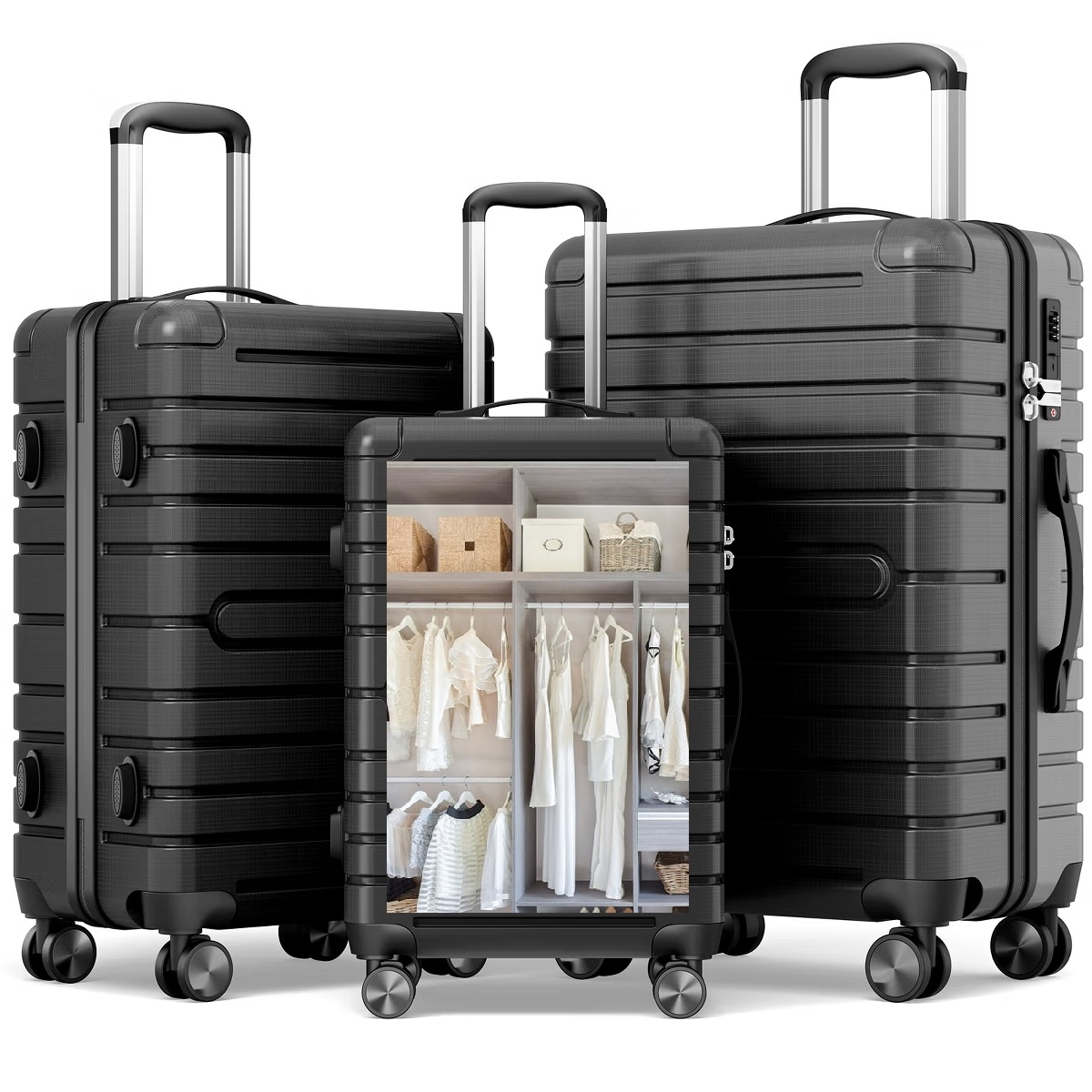 Fenbeli 3 Piece Hardshell Luggage Set, TSA Locks, ABS+PC Suitcases Set with Wheels for Travel, Business, Black Gray (20"/24"/28")