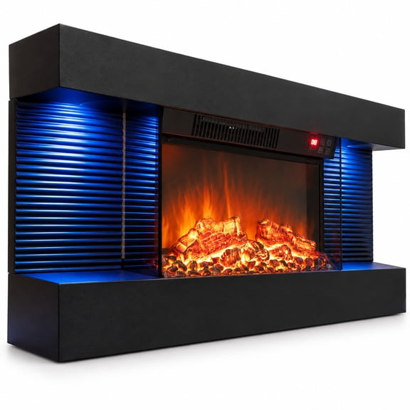 Fenbeli 3-Sided Black Wall Mount Electric WiFi Fireplace with Floating Mantel and 12 Flame Ambient-32 inches, Metal Tempered Glass Frame, Black