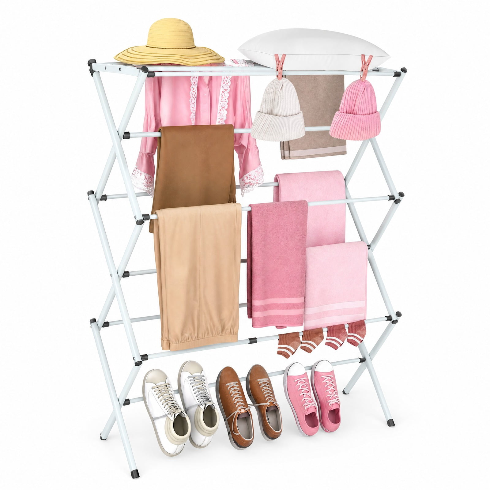 Fenbeli 3-Tier Clothes Drying Rack, White Foldable Steel Laundry Stand with 11 Drying Rods, Space-Saving Design for Indoor and Outdoor Use
