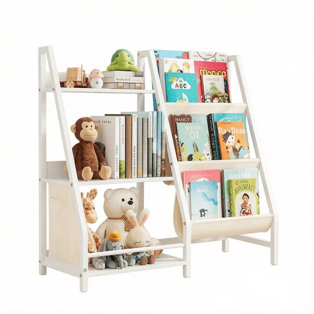 Fenbeli 3-Tier Kids Bookshelf and Toy Storage, White Bookcase with Display Compartments Side Pockets and Anti-Tip Strap, Organizer for Nursery Bedroom and Playroom