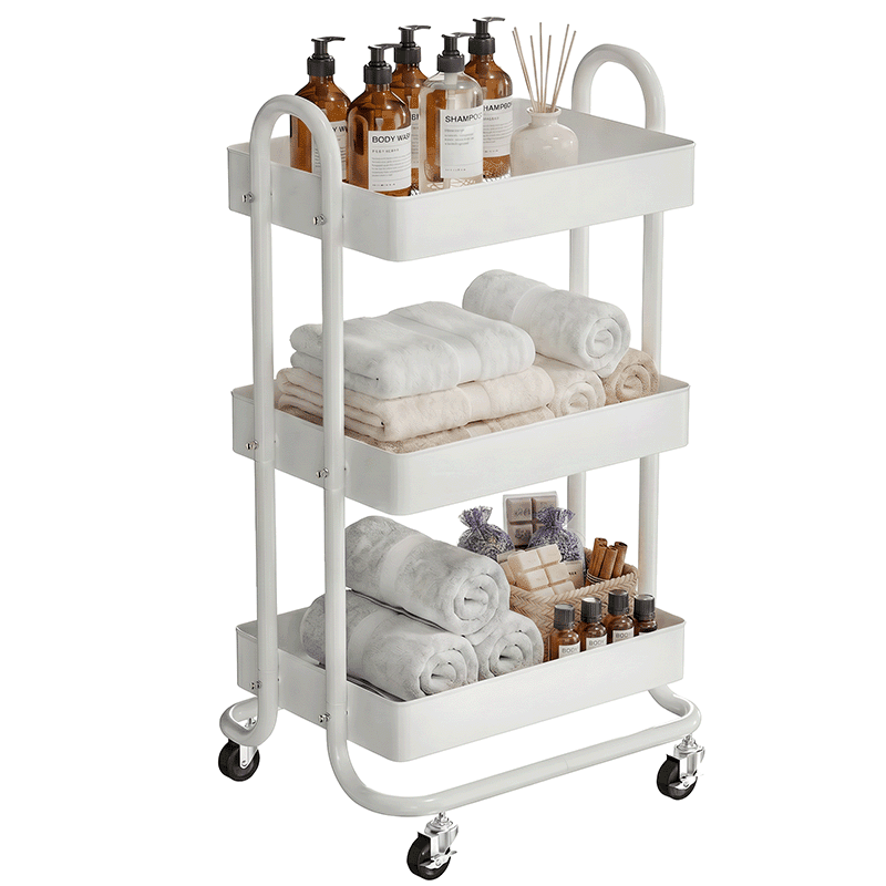 Fenbeli 3-Tier Metal Rolling Utility Cart with Wheels, White, 18"L x 13.4"W x 31"H