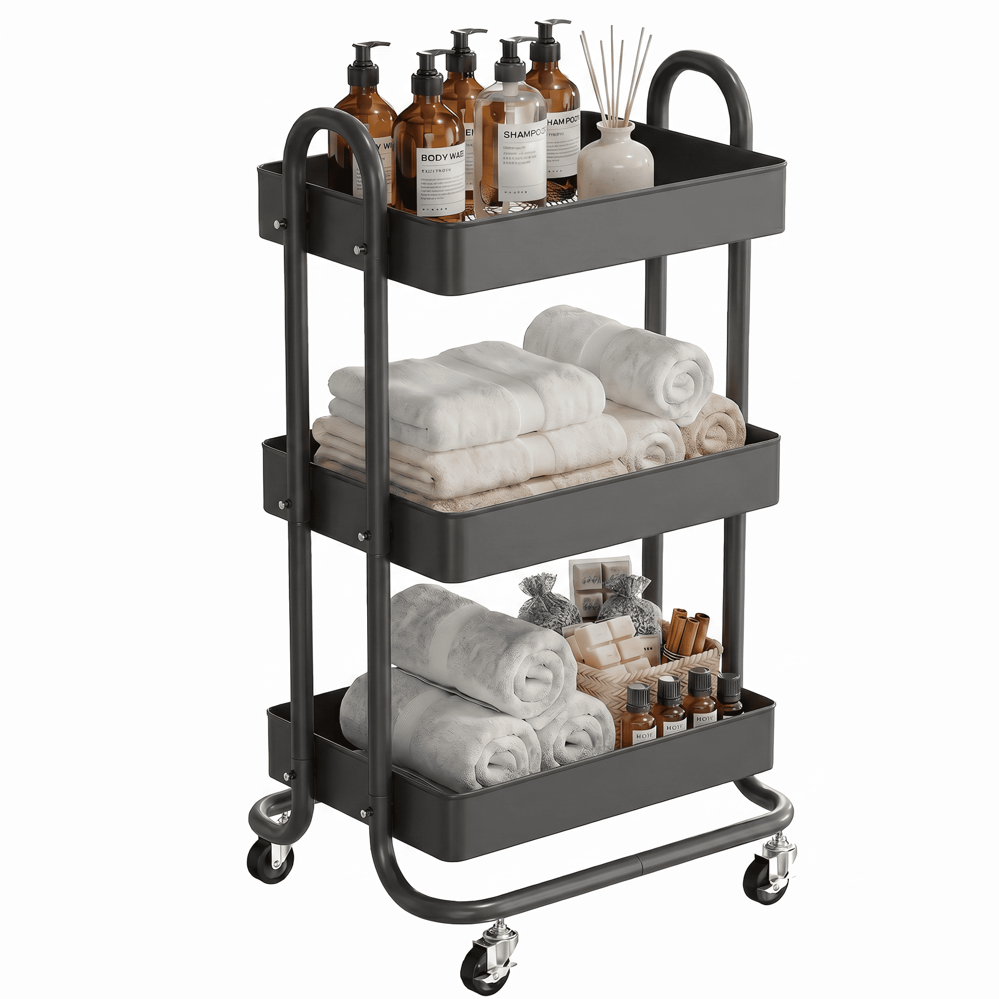 Fenbeli 3-Tier Metal Rolling Utility Cart with Wheels, black, 18"L x 13.4"W x 31"H