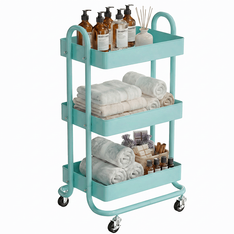Fenbeli 3-Tier Metal Rolling Utility Cart with Wheels, blue, 18"L x 13.4"W x 31"H