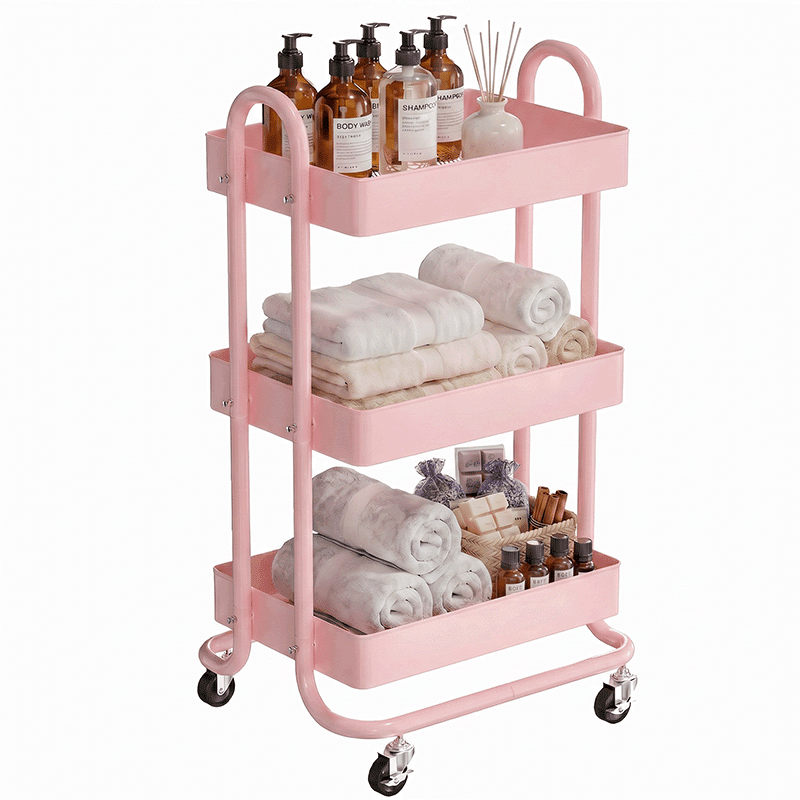 Fenbeli 3-Tier Metal Rolling Utility Cart with Wheels, pink, 18"L x 13.4"W x 31"H
