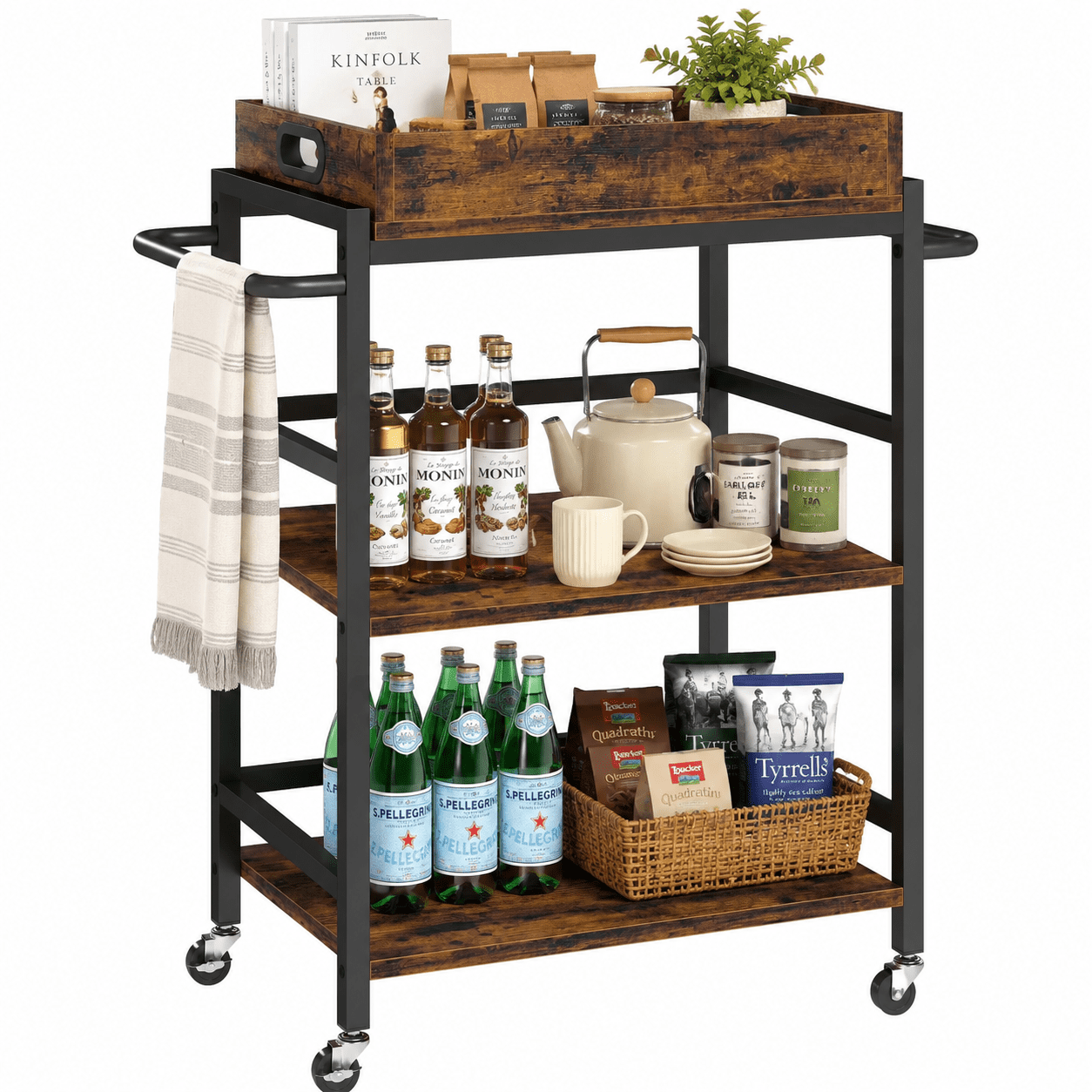 Fenbeli 3-Tier Rolling Kitchen Cart, Brown Wood and Metal Microwave Stand with Removable Storage Box and Locking Wheels, Coffee Cart for Kitchen Dorm and Laundry Room