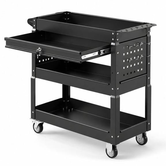 Fenbeli 3 Tier Rolling Tool Cart with Lockable Drawer for Garage and Workshop, 350 lbs Capacity, Metal PP Frame, 33" x 14" x 30" Footprint, Black