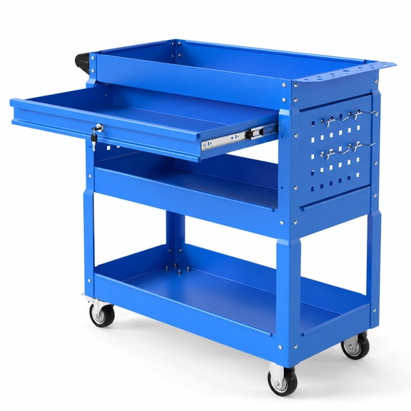 Fenbeli 3 Tier Rolling Tool Cart with Lockable Drawer for Garage and Workshop, 350 lbs Capacity, Metal PP Frame, 33" x 14" x 30" Footprint, Blue