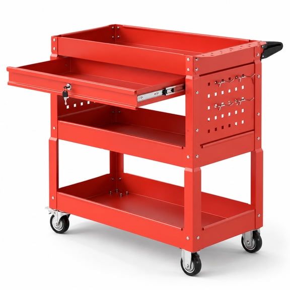 Fenbeli 3 Tier Rolling Tool Cart with Lockable Drawer for Garage and Workshop, 350 lbs Capacity, Metal PP Frame, 33" x 14" x 30" Footprint, Red