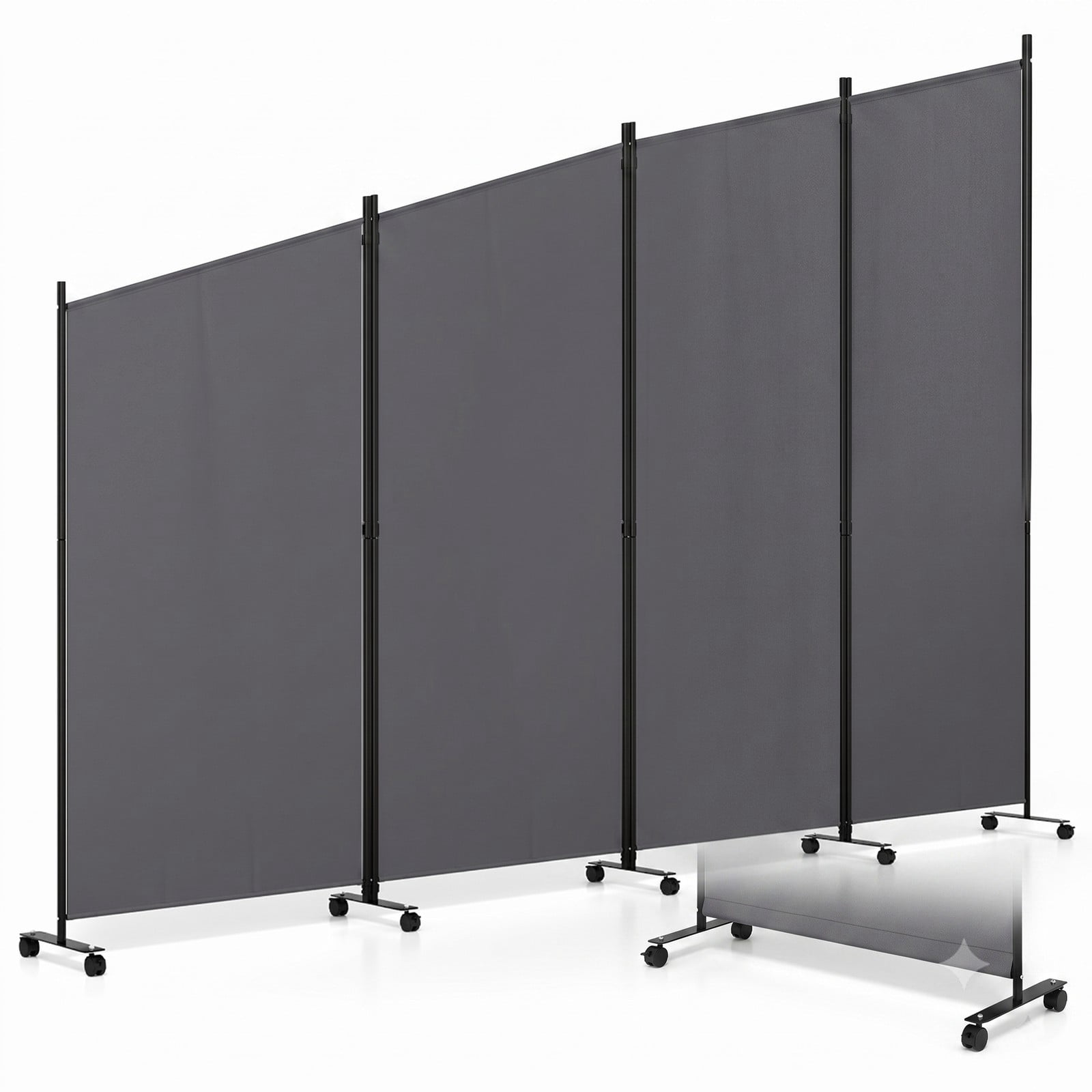 Fenbeli 4 Panel Folding Room Divider Privacy Screen with Wheels, Freestanding Polyester Fabric Partition with Metal Frame for Living Room Bedroom Office, Gray