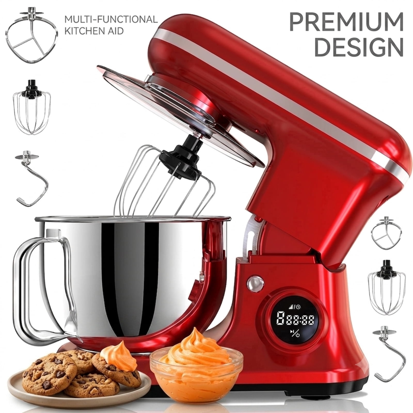 Fenbeli 5.3Qt Stand Mixer with LCD Timer Control, Powerful Electric Kitchen Mixer with Dough Hook, Wire Whisk and Flat Beater, Red