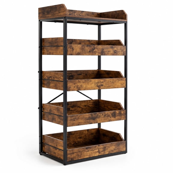 Fenbeli 5-Tier Food Storage Rack with 4 Pull-out Drawers and Adjustable Feet, Storage Shelf: 44 lbs Capacity, Engineered Wood Metal Frame, Brown