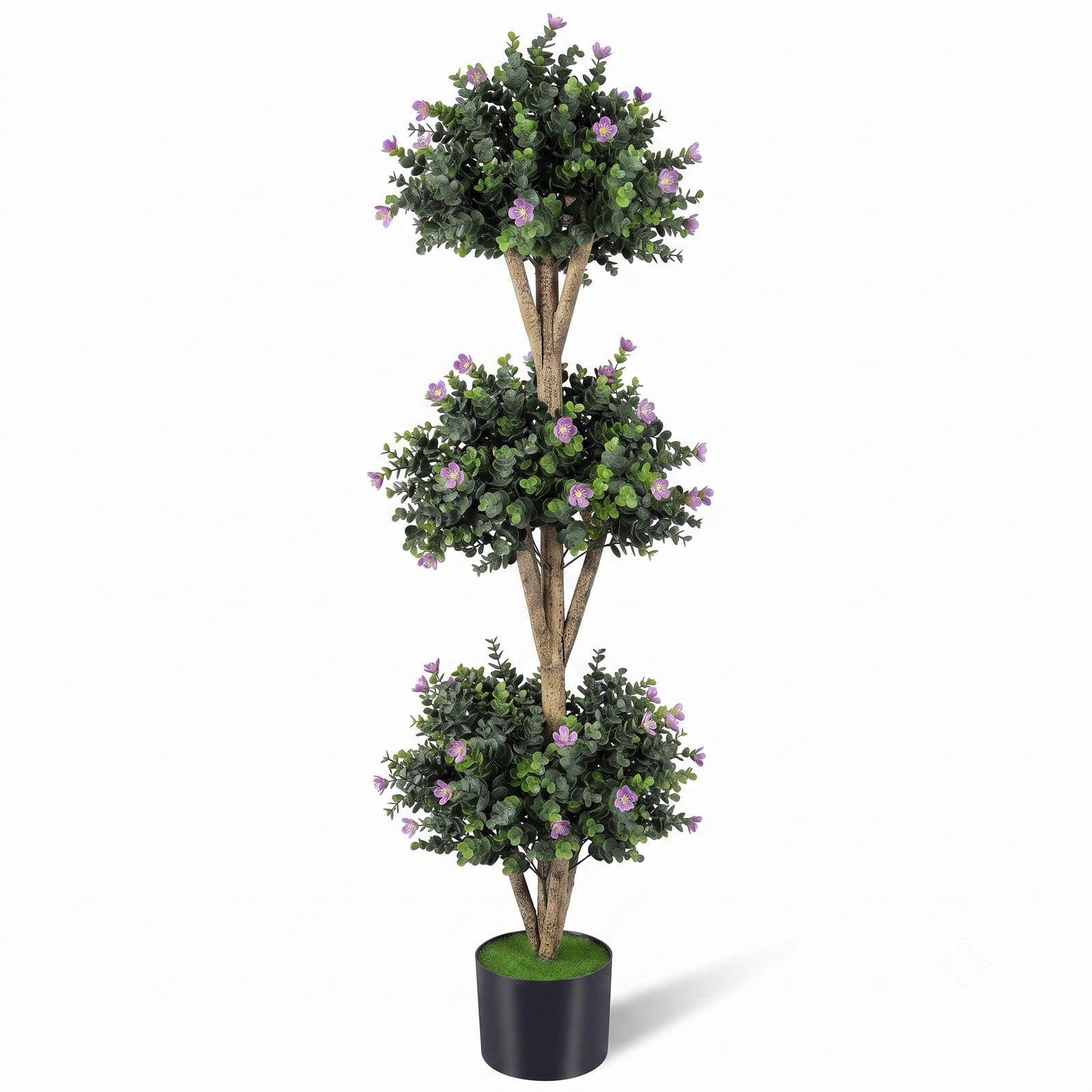 Fenbeli 51 Inch Artificial Triple Ball Boxwood Topiary Tree with 59 Purple Blossoms, Faux Potted Boxwood Plant with Cement-Filled Pot for Indoor Outdoor Porch, Purple