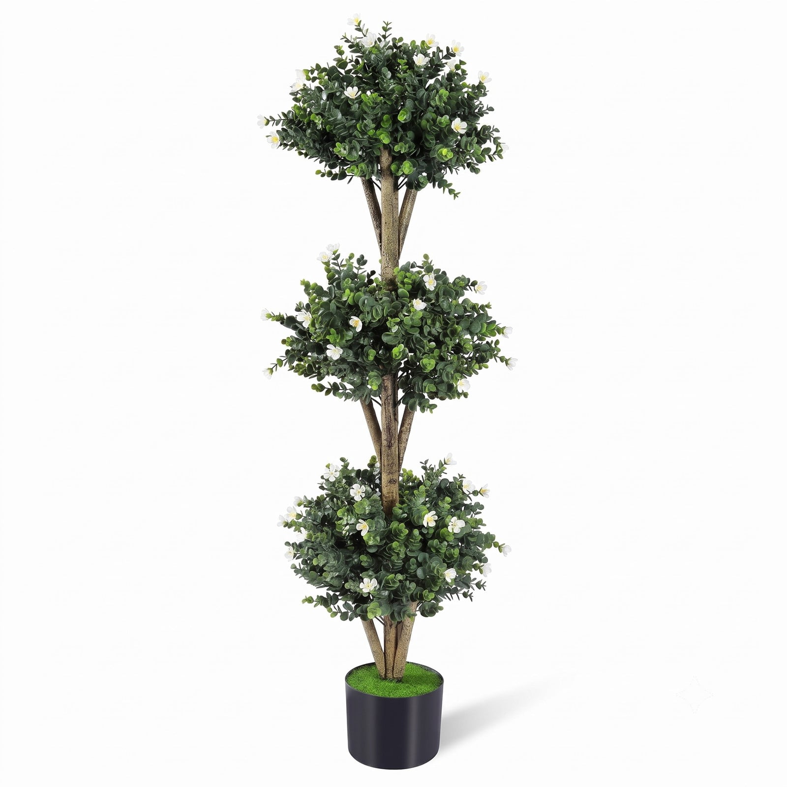 Fenbeli 51 Inch Artificial Triple Ball Boxwood Topiary Tree with 59 White Blossoms, Faux Potted Boxwood Plant with Cement-Filled Pot for Indoor Outdoor Front, White