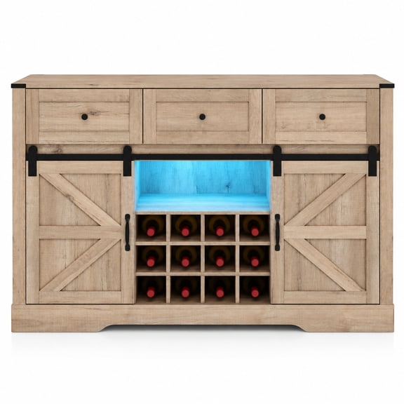 Fenbeli 52 Inches Wine Bar Cabinet with LED Lights and Sliding Barn Doors, 52" 16" 34"Inner Footprint, Light Gray
