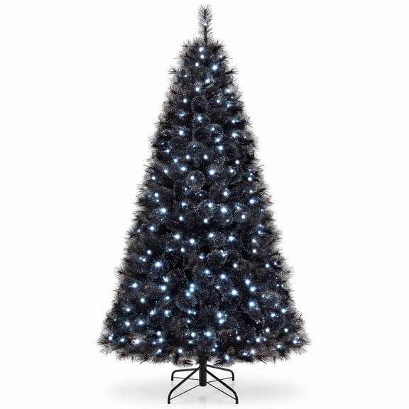 Fenbeli 6/7/8 Feet Black Artificial Halloween Christmas Tree with PVC Branch Tips and 210/320/450 Cool White LED Lights, Black