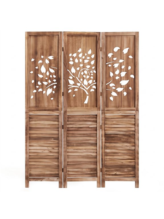 67 Inch Folding Room Divider 3 Panel Freestanding Privacy Screen with Tree Cutout and Louver Design, Paulownia Wood Partition for, White and Rustic Brown