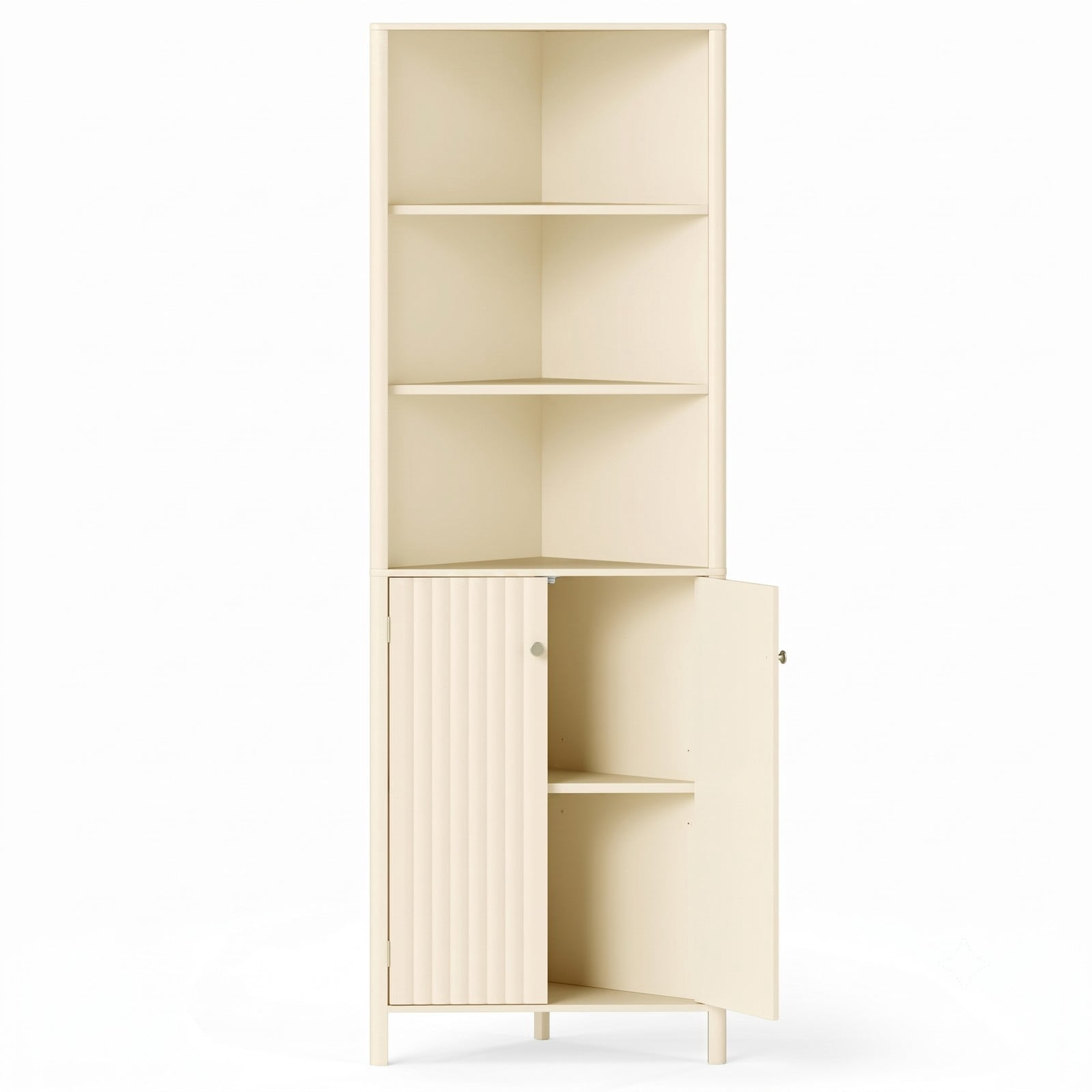 Fenbeli 68 Inch Tall Corner Cabinet, Freestanding Bathroom Storage Cabinet with 5 Shelves, 2 Fluted Doors, Adjustable Shelf and Anti-Tipping Kit for Living Room, Beige