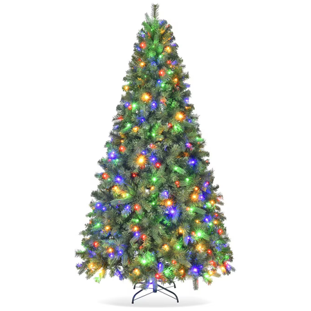 Fenbeli 6ft Pre-Lit Artificial Christmas Tree with 250 Multicolor LED Lights, 8 Lighting Modes, 1000 PVC Branch Tips and Metal Stand, Green