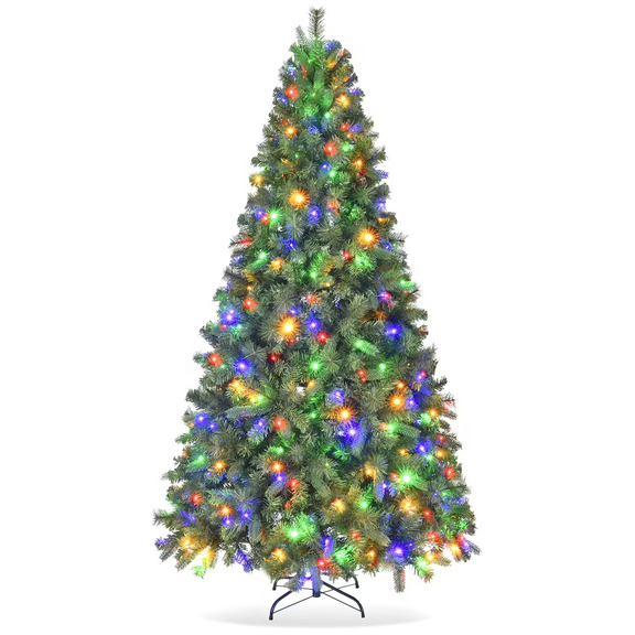 Fenbeli 6ft Pre-Lit Artificial Christmas Tree with 250 Multicolor LED Lights, 8 Lighting Modes, 1000 PVC Branch Tips and Metal Stand, Green