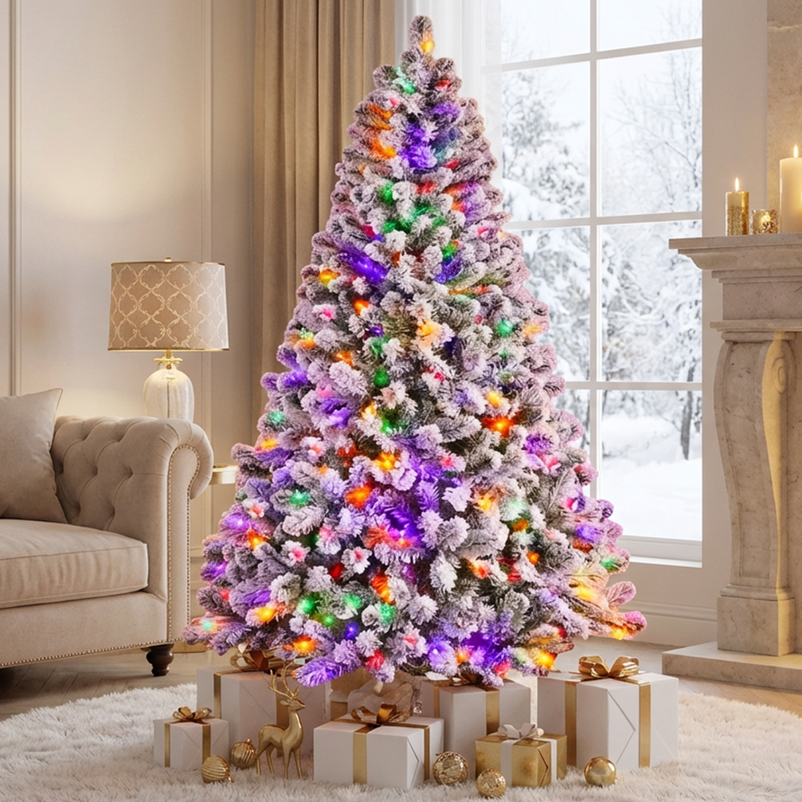 Fenbeli 7.5ft Pre-Lit Premium Snow Flocked Artificial Christmas Tree ...
