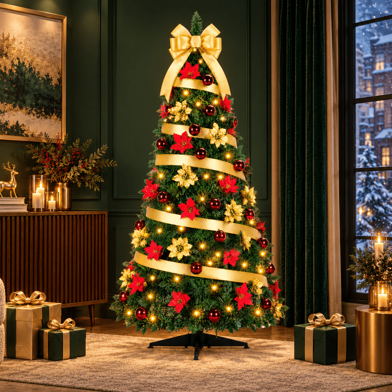 Fenbeli 6ft Pop-Up Pre-Lit Pencil Christmas Tree with 200 LED Lights, 8 Modes, 100 Ornaments and Gold Bow, Holiday Decor