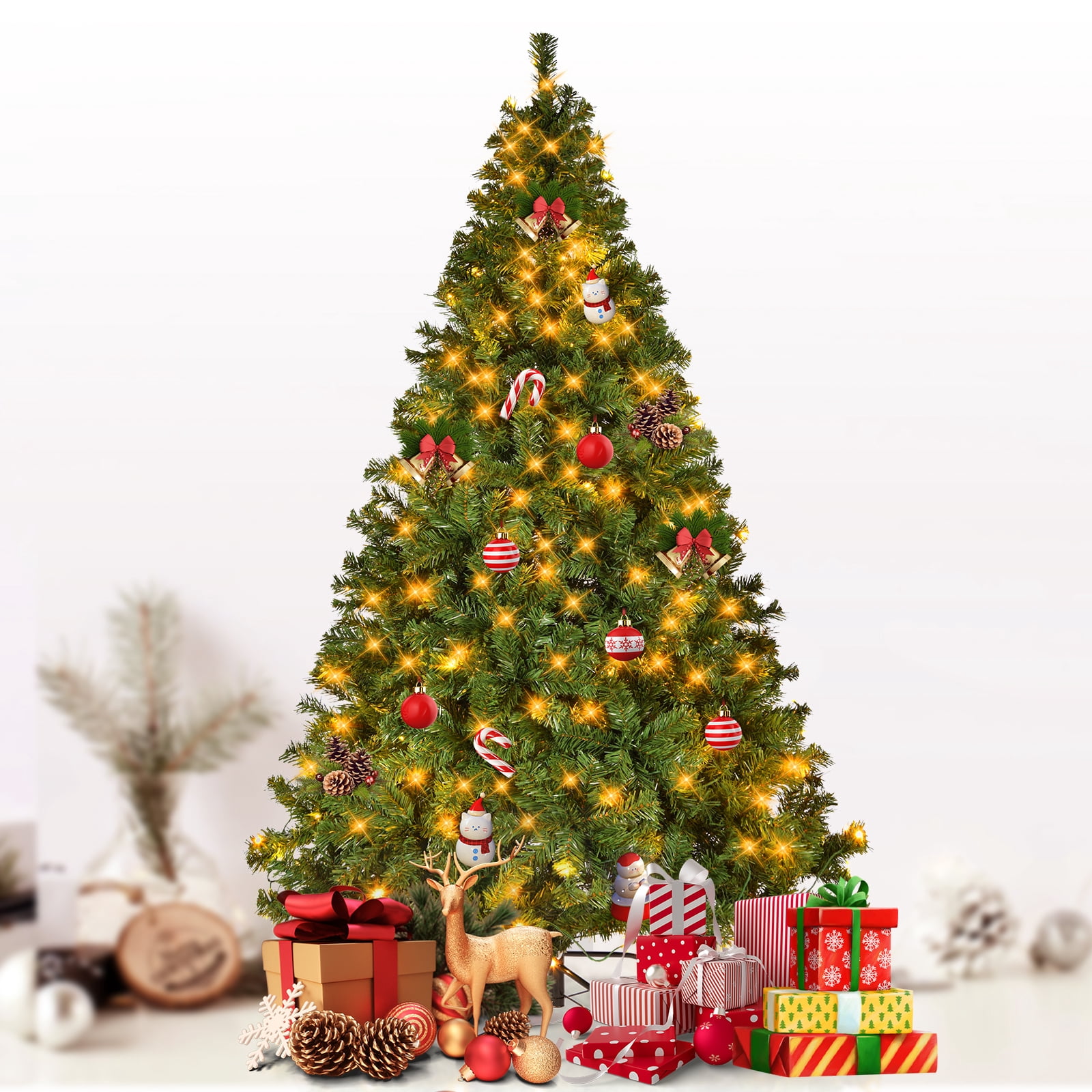 Fenbeli Pre-Lit Artificial Christmas Tree 6ft with 300 Clear Incandescent Mini Lights, Indoor Green