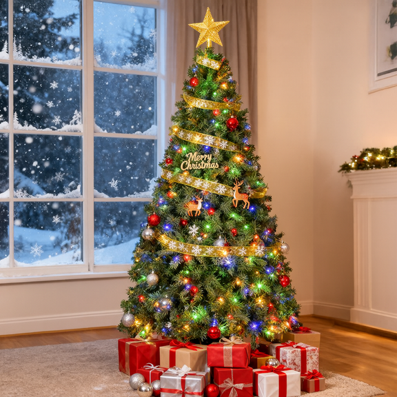 7.5' Pre-Lit Green Cypress Artificial Christmas Tree with 500 Warm White Twinkle LED Lights, by My Texas House