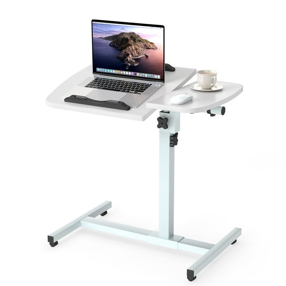 Furnibear Small Mobile Standing Desk, Height Adjustable Table with Wheels, Rolling Desk with Rotatable Tilting Desktop, for Home White