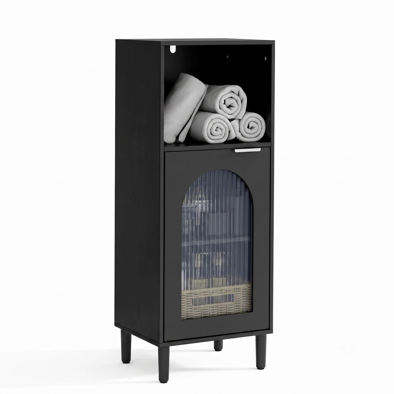 Fenbeli Bathroom Floor Cabinet, Freestanding Wood Side Storage Organizer Cabinet with Adjustable Shelf, Tempered Glass Door and Anti-Tipping Kit for Bathroom, Black