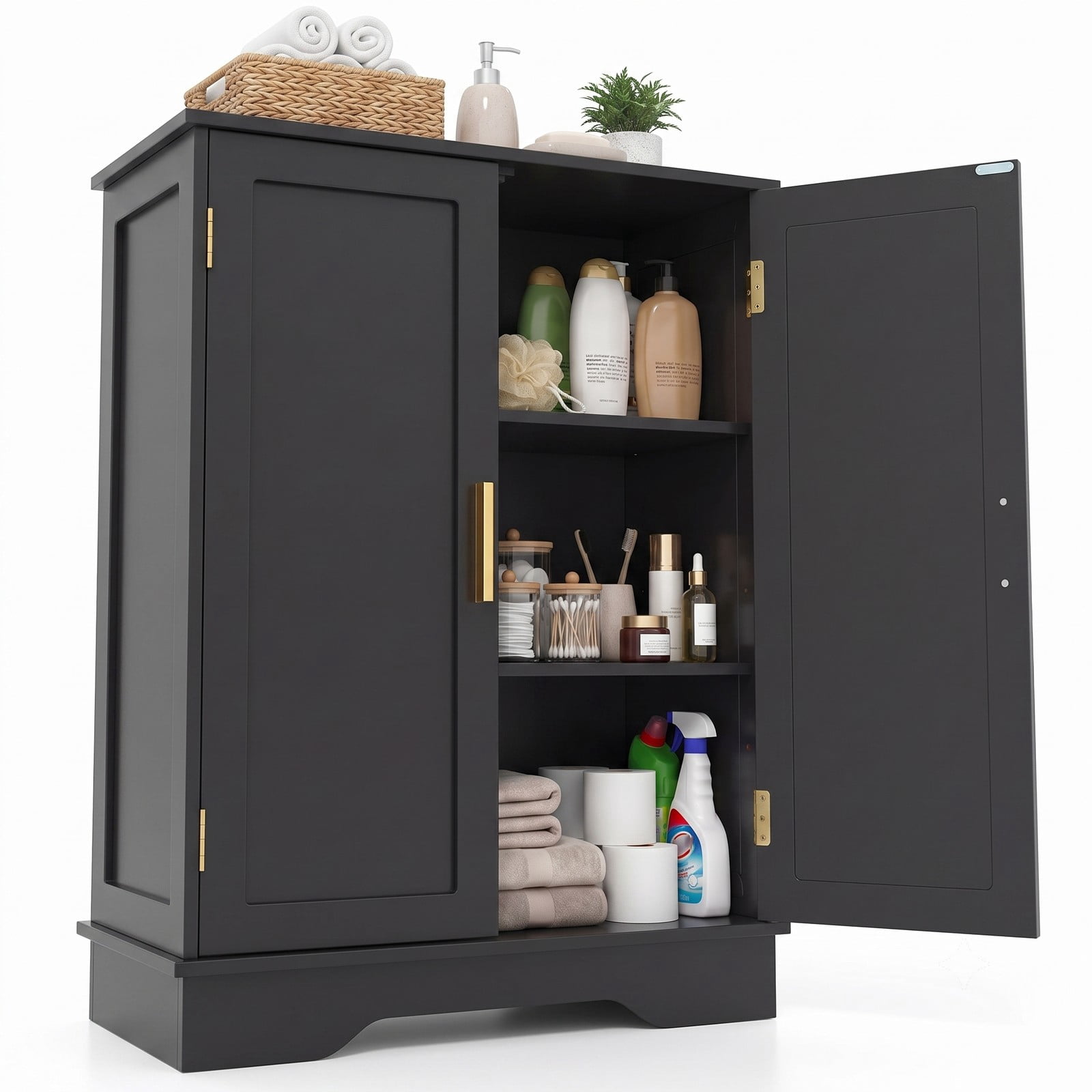 Fenbeli Bathroom Floor Storage Cabinet, Freestanding 2-Door Side Cabinet with Adjustable Shelves and Countertop, Modern MDF Bathroom Organizer for Bathroom, Black