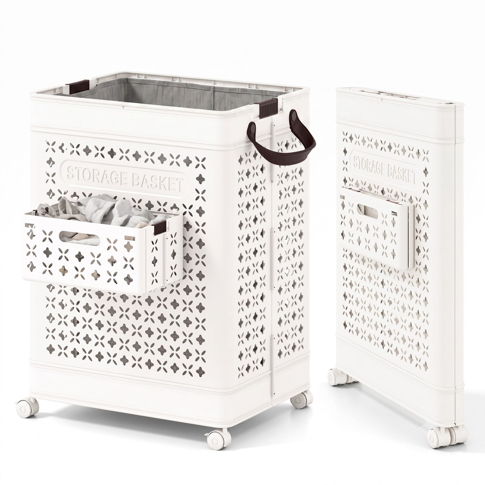 Fenbeli Collapsible Laundry Basket 20 Gallon, Plastic Foldable Laundry Hamper with Wheels, Handles and Hanging Basket, Waterproof PP Clothes Storage Bin Sorter, White