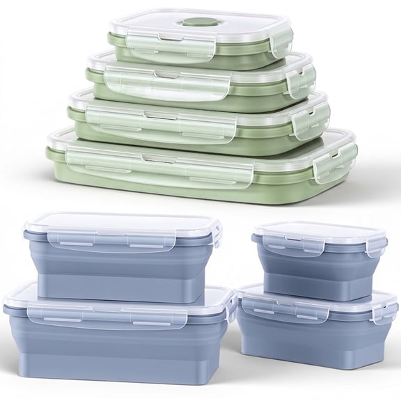 Fenbeli Collapsible Silicone Food Storage Containers, 8-Piece Set with Lids in 4 Sizes, Airtight Meal Prep Lunch Boxes, Microwave Freezer Dishwasher Safe, Blue and Green