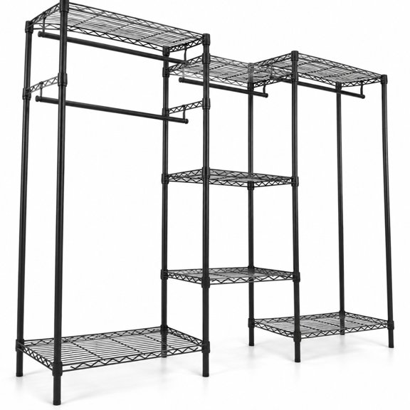 Fenbeli Convertible Clothes Organizer with L-shape and Horizontal Installation, Shelf 180 lbs Capacity, Metal ABS Frame, Black