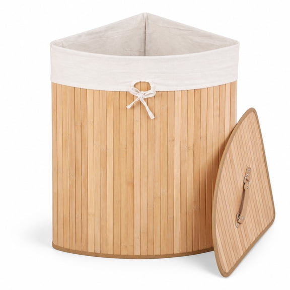 Fenbeli Corner Bamboo Hamper Laundry Basket, Bamboo and polyester cotton Frame, Natural, Easy to carry with a handle on each side