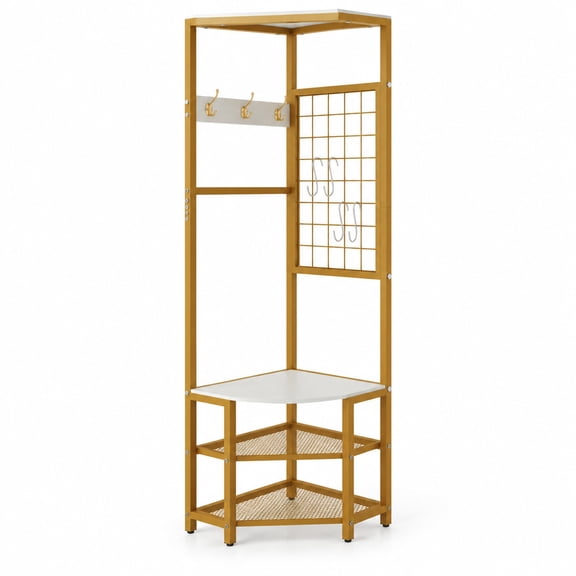 Fenbeli Corner Hall Tree Freestanding Coat Rack with Storage Shelves Removable Hooks, 220 lbs Capacity, Engineered Wood Metal Frame, White
