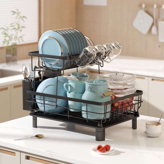 Fenbeli Dish Drying Rack Stainless Steel, 2-Tier Detachable Dish Rack with Drain Board Tray, Black