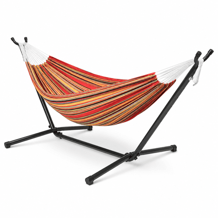 Fenbeli Double Camping Hammock with Stand 2 Person Portable Hammock Bed with Steel Frame and Carry Bag for Backyard Patio Outdoor Poolside, Red