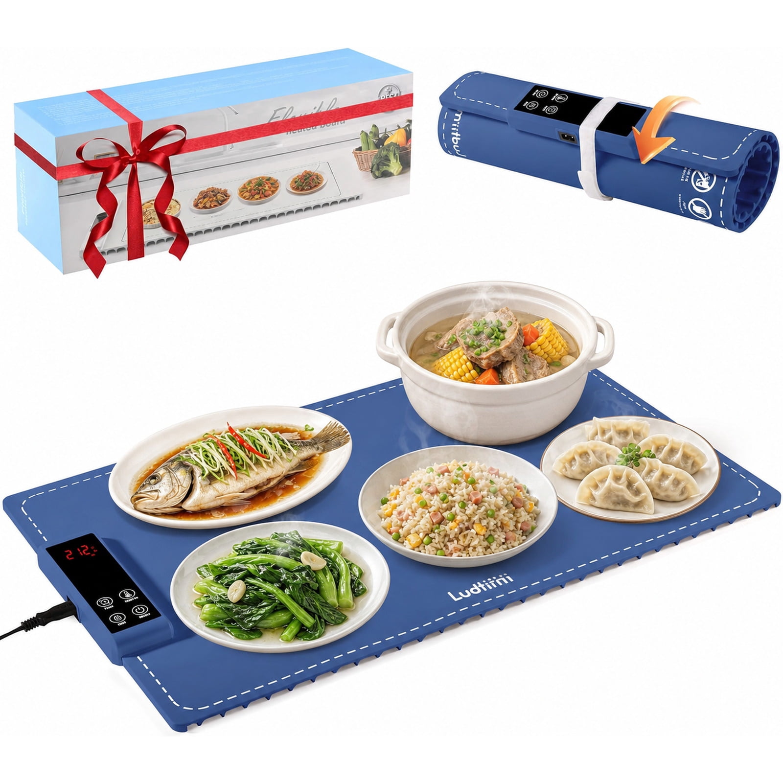 Fenbeli Food Warming Tray, Full-Surface Electric Heating Mat with 6 Temperature Levels, 5 Timer Settings, Foldable, Blue