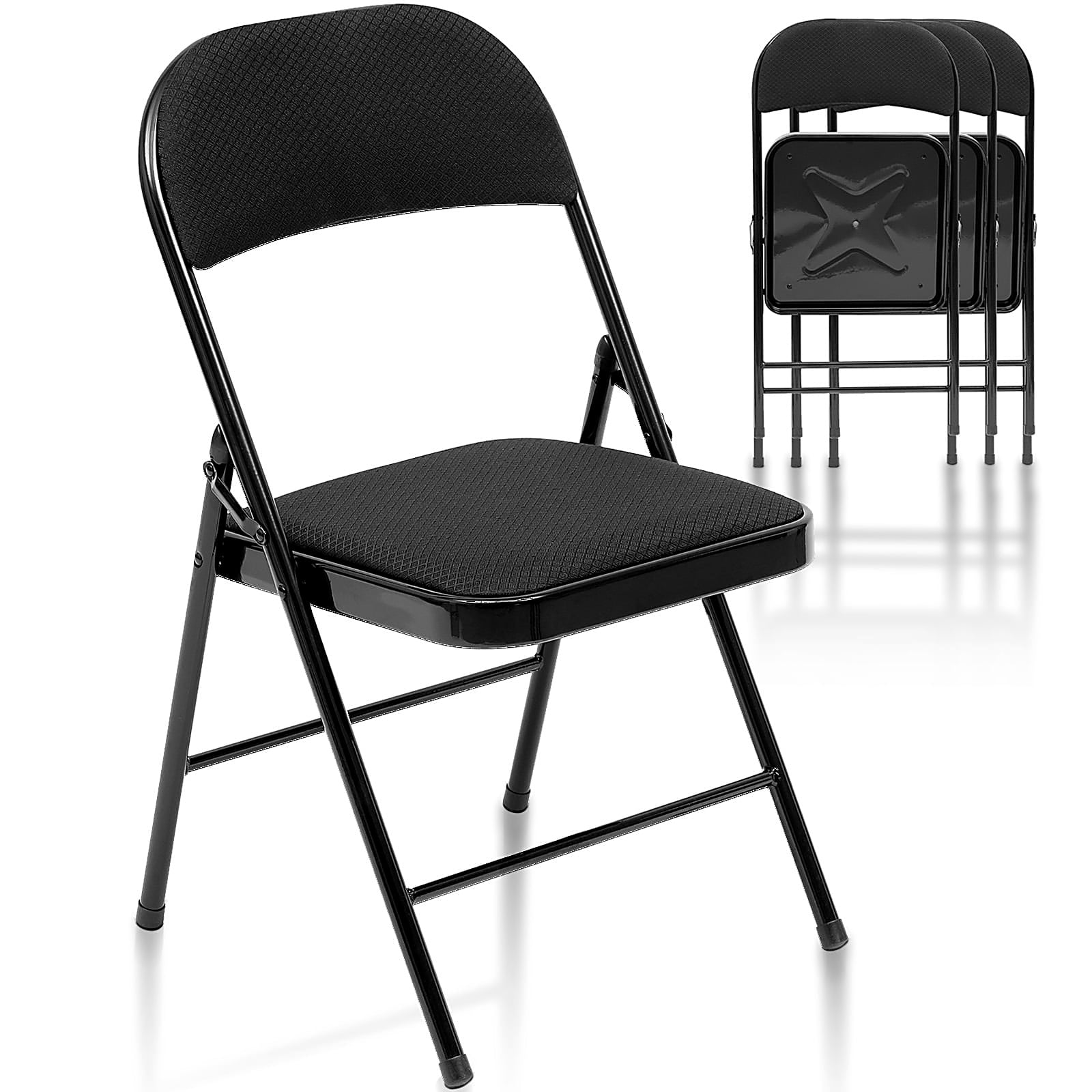Fenbeli Folding Chairs Set of 4, Black Fabric Padded Metal Frame with Ergonomic Backrest, 330 lb Foldable Space-Saving Seating for Home and Office