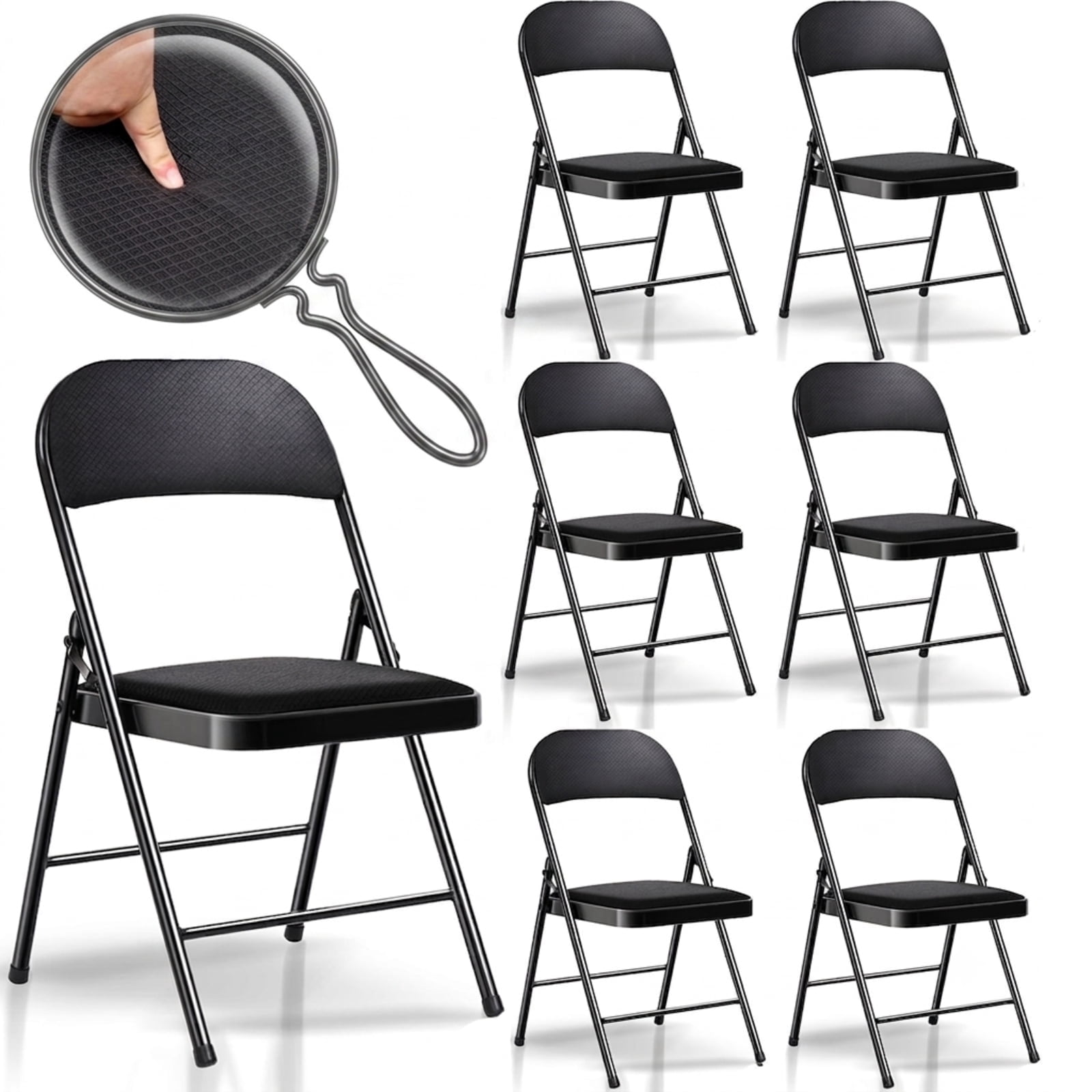 Fenbeli Fabric Padded Folding Chairs Set of 6, Black Portable Foldable Dining Chairs with Steel Frame, Space-Saving Seating for Home Office Events