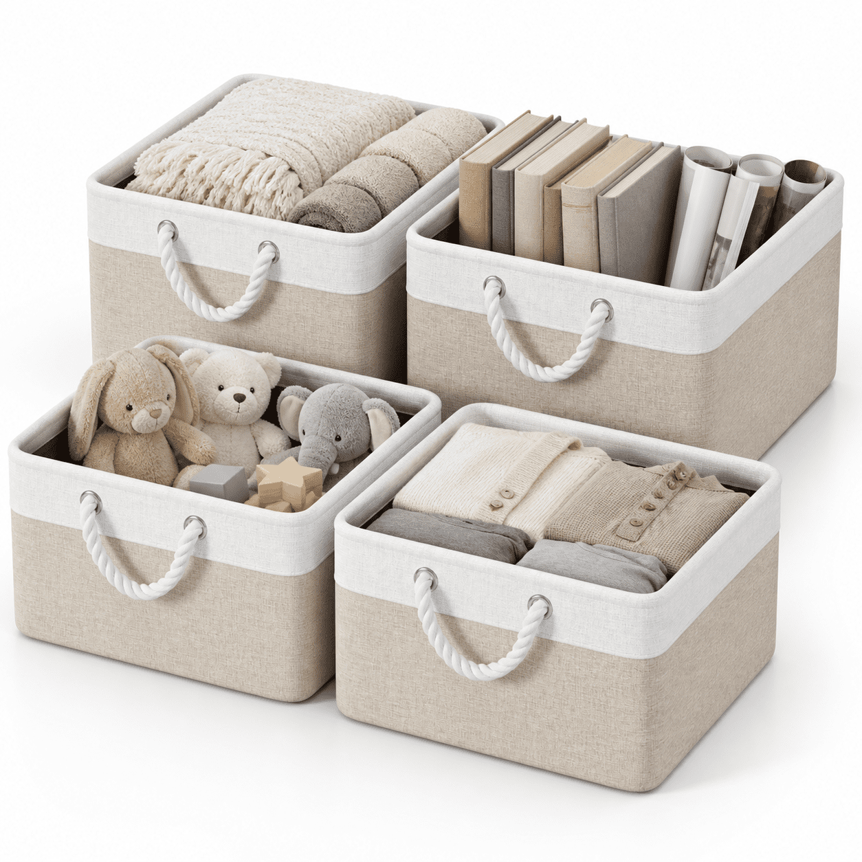 Fenbeli Fabric Storage Baskets Set of 4 Foldable Storage Bins with Cotton Rope Handles for Shelf and Closet, Gray White