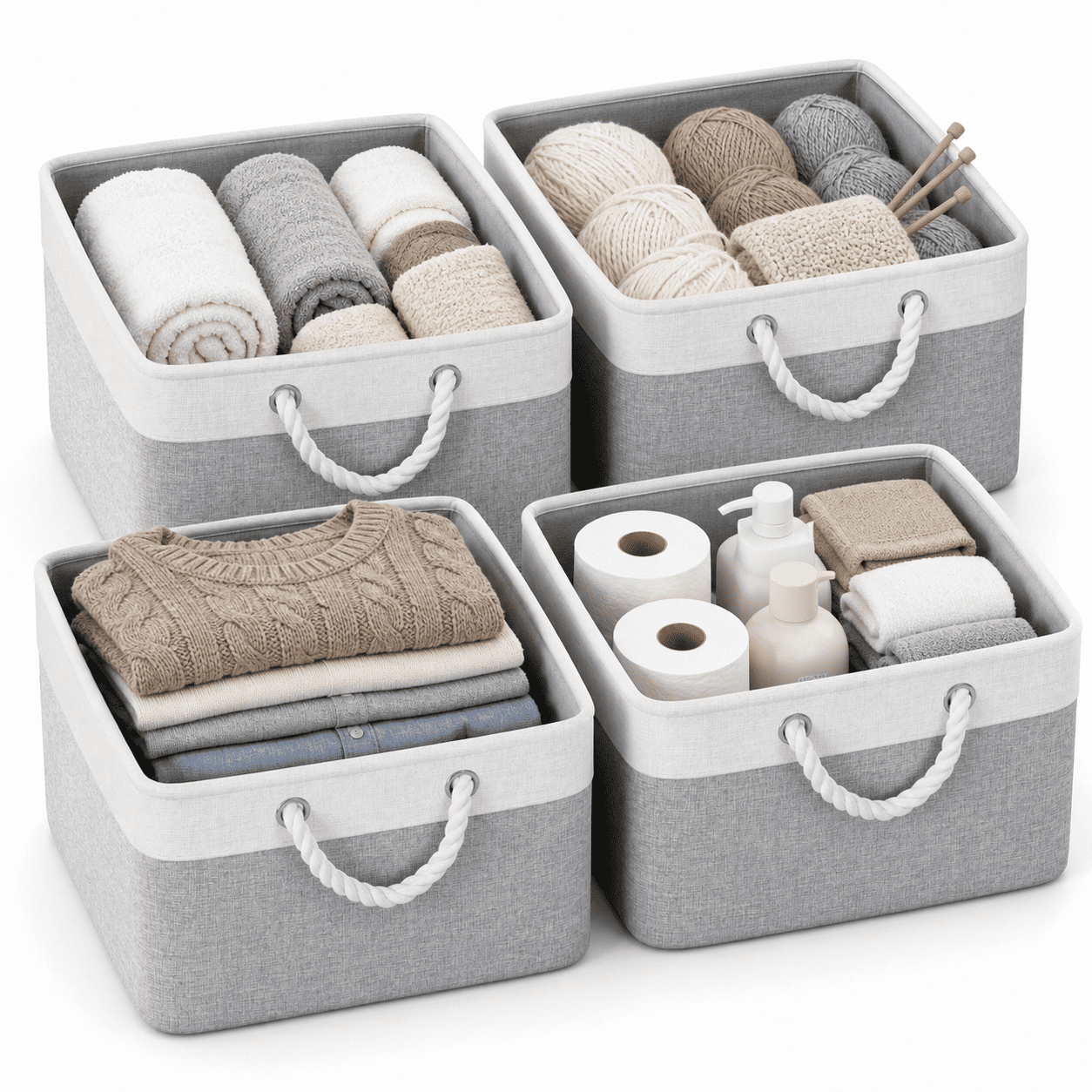 Fenbeli Fabric Storage Baskets Set of 4 Foldable Storage Bins with Cotton Rope Handles for Shelf and Closet, grey and white