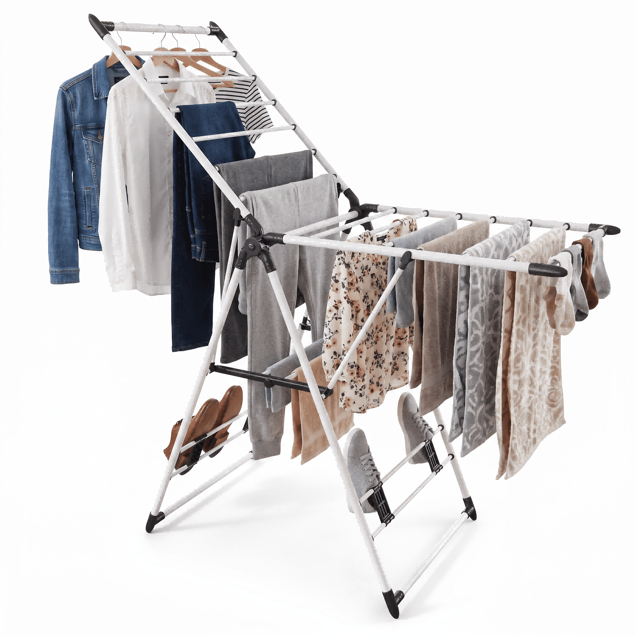 Fenbeli Foldable Clothes Drying Rack, 66 lb Capacity Steel Laundry Rack with Adjustable Wings and Sock Clips, Collapsible Indoor Outdoor Dryer Stand in White+Black